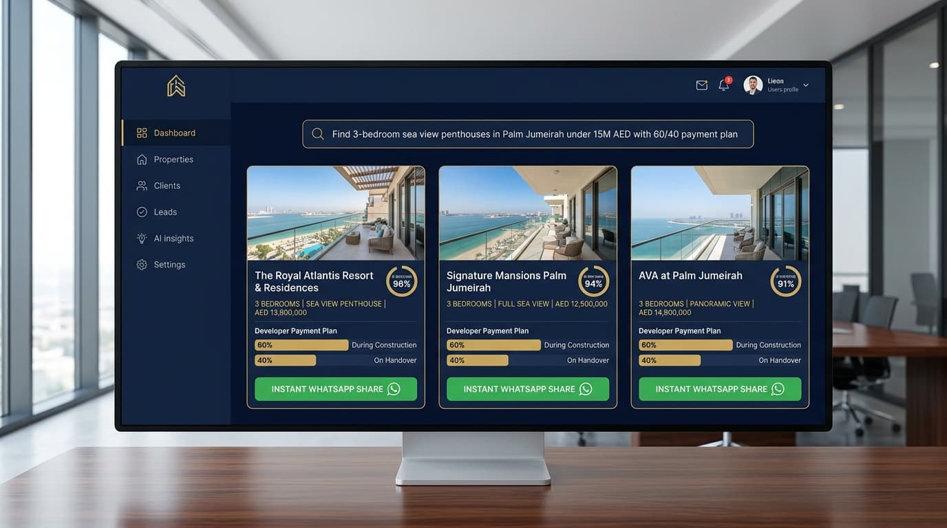 Nexlence AI-Powered Conversational Property Search Bar showing natural language query and matching units
